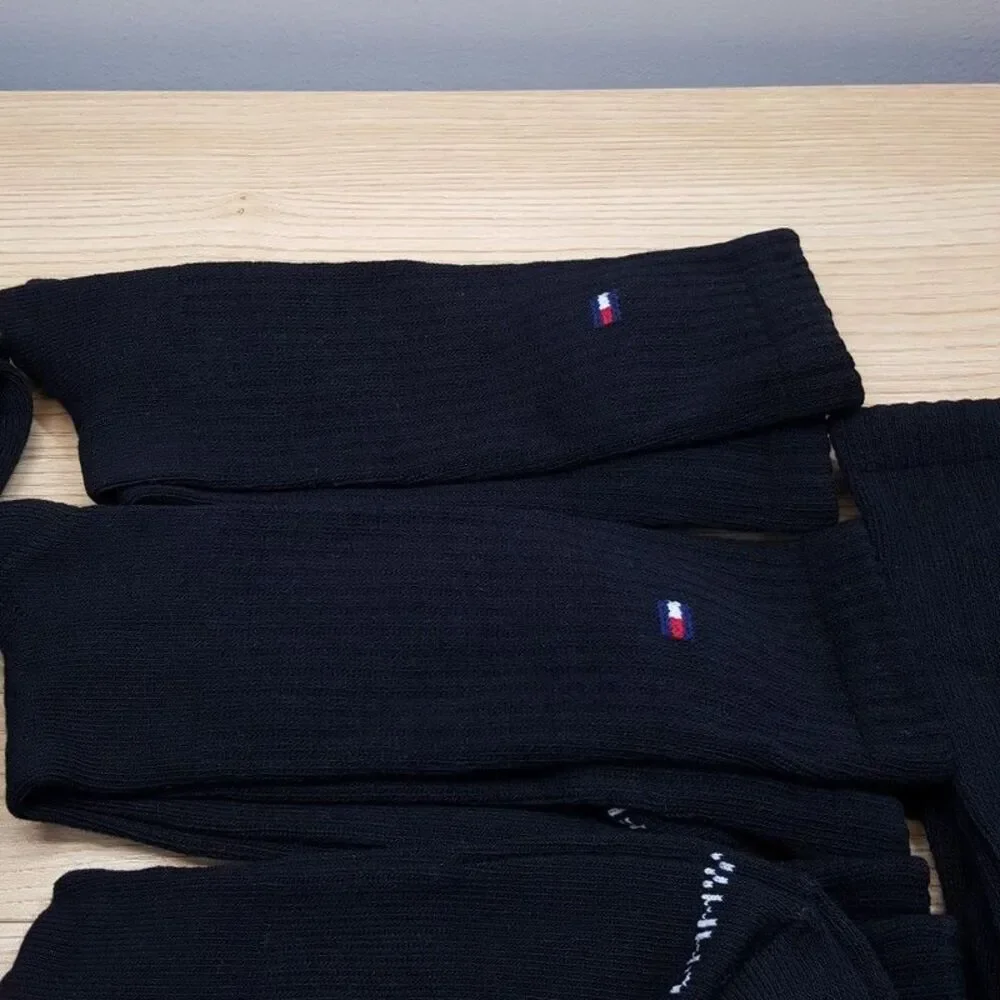 TOMMY HILFIGER Crew Socks Mens Black 6-Pack Cushioned Flag Logo